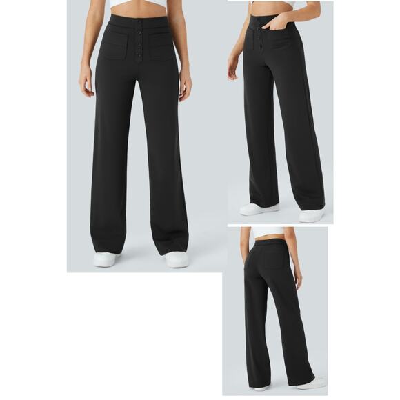 Halara high waisted black button straight leg casual work pants NWT XS - Picture 4 of 4